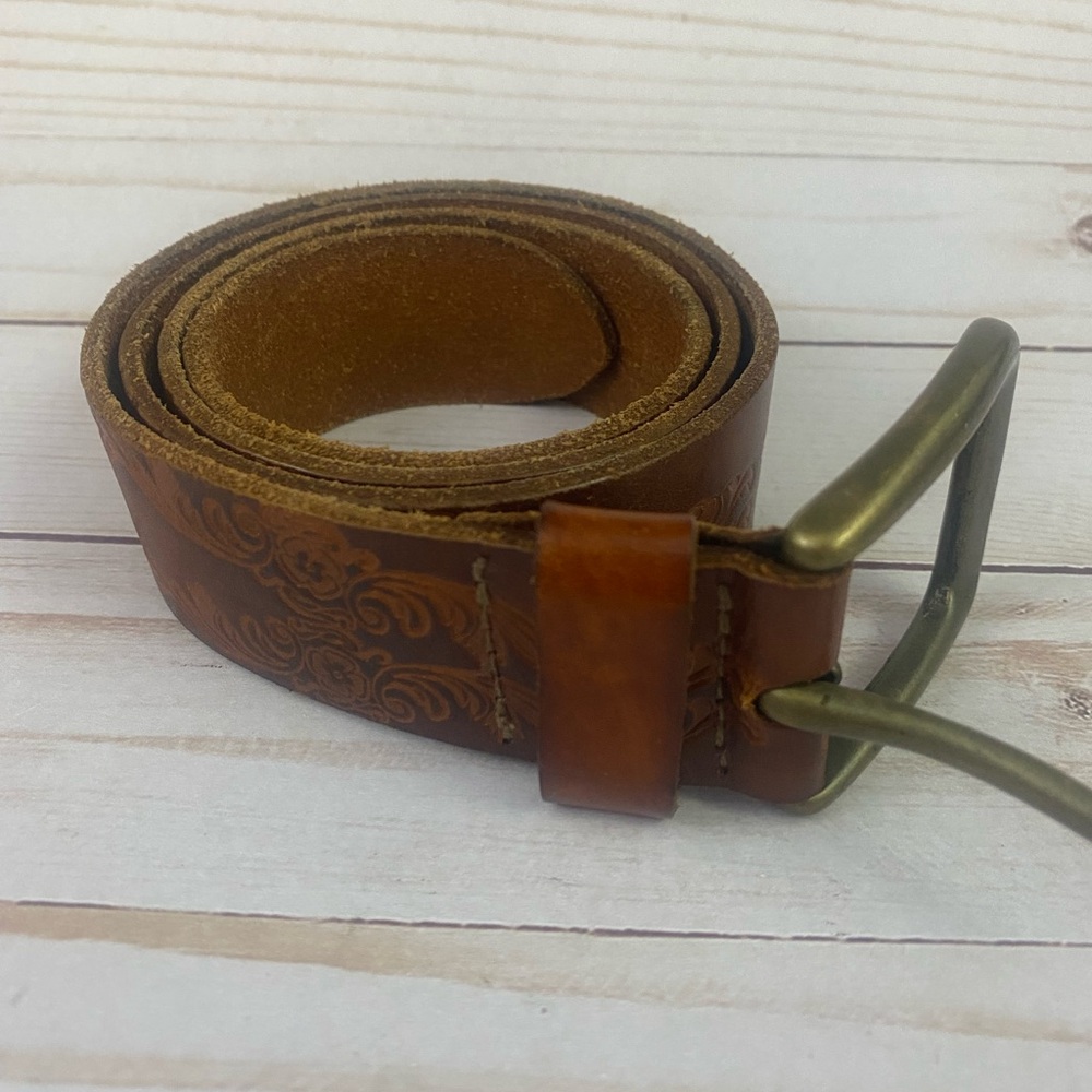 Vtg Hipwear Brown Leather Tooled Rhinestone Belt Boho Hippie Brass Buckle Sz L